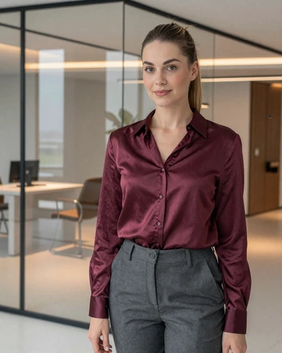 Silvia from Bratislava in burgundy silk blouse in a modern office lobby