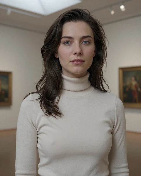 Elena from Moscow in ivory turtleneck at art gallery