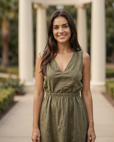 Ioana 28 from Cluj in olive linen dress in a botanical garden