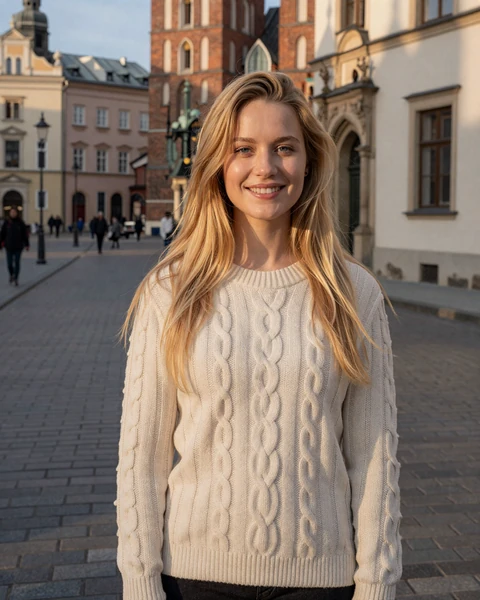 Zuzanna from Kraków in cream cable knit sweater on cobbled old town street