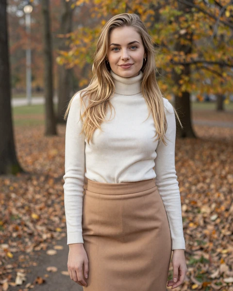Adéla from Plzeň in ivory turtleneck and camel skirt in a leafy autumn park