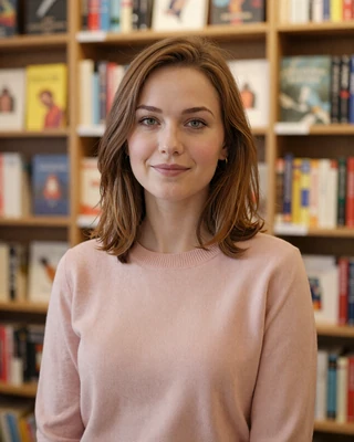 Kinga from Budapest in blush pink sweater in a warm Budapest bookshop