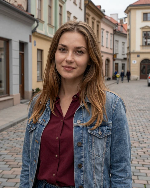 Olena from Lviv in burgundy blouse on cobblestone street