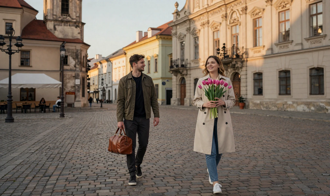 Traveler with a leather bag walking toward a smiling Slavic woman holding tulips in a golden-hour Lviv old town square on first-trip meeting day
