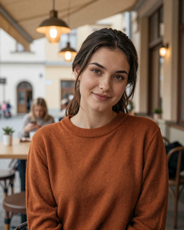 Katarina from Bratislava in rust sweater at a warm cafe