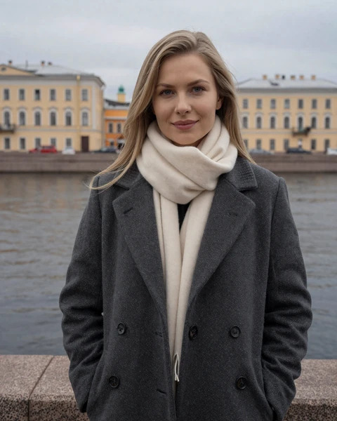 Svetlana from Saint Petersburg in charcoal coat on a snowy embankment