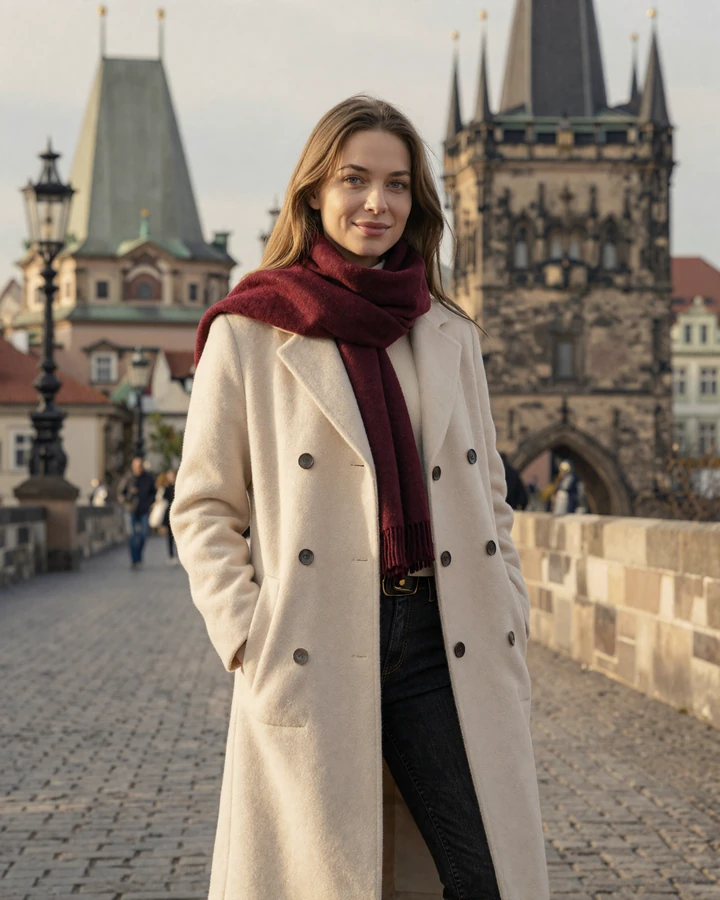 Tereza, a smiling Czech woman in cream wool coat on Charles Bridge representing Czech women dating on Datingrusgirl