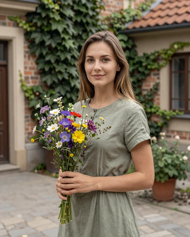 Marta from Kraków in sage linen dress holding wildflowers in an ivy courtyard