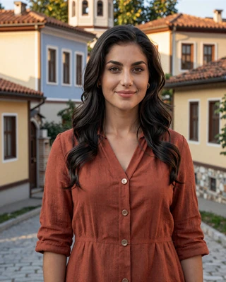Elena from Plovdiv in rust linen dress by painted Revival houses