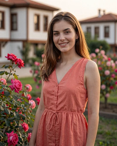 Ralitsa 26 from Plovdiv Bulgaria in coral linen dress among rose bushes