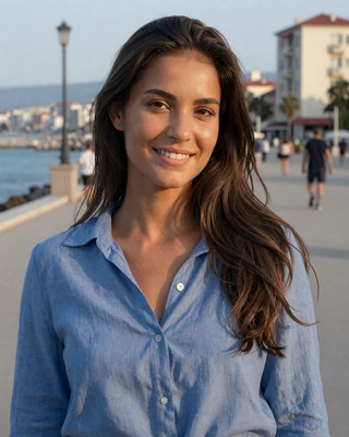 Mila from Varna in a blue linen blouse on the Black Sea promenade