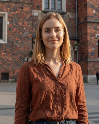 Zofia, a 29-year-old Polish chemistry master student in rust linen blouse in a Kraków university courtyard