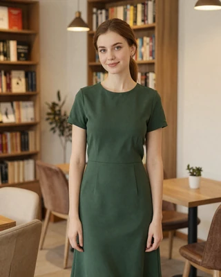 Yulia from Mogilev in forest green dress in a book-lined cafe