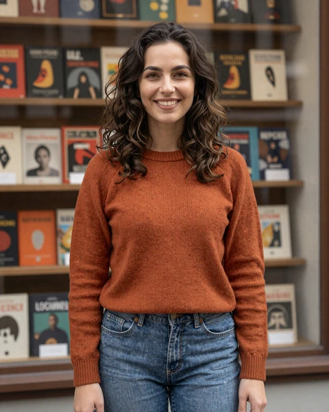 Mila in rust orange knit sweater smiling in front of a Sofia bookshop window in diffused daylight