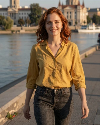 Reka from Szeged in mustard yellow blouse along the Tisza river