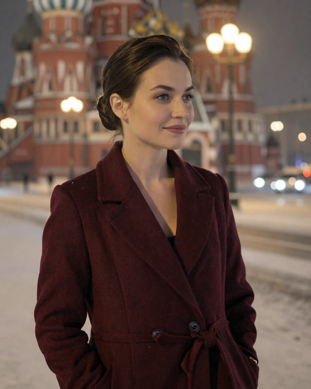 Polina from Moscow in burgundy coat on a snowy evening boulevard