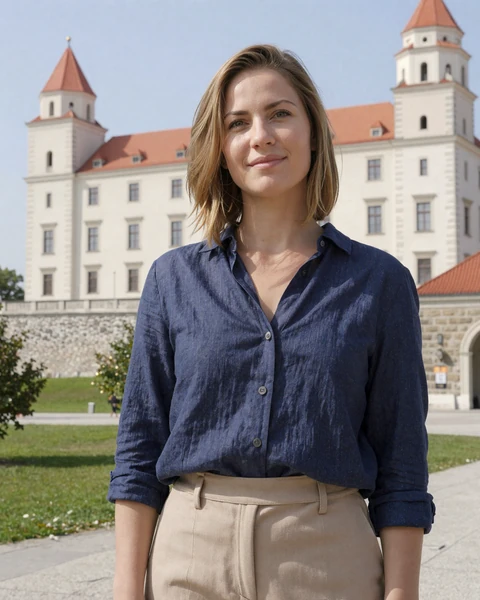 Dana in navy linen shirt and beige skirt near Bratislava castle under soft blue sky daylight