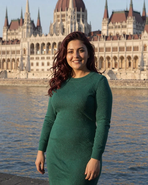 Lilla in emerald sweater dress by the Danube river with Budapest parliament blurred behind at sunset