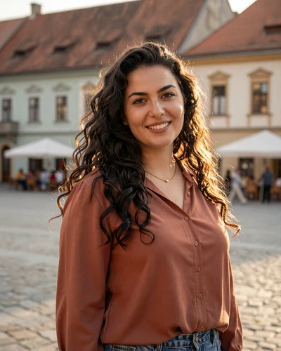 Andreea 28 from Cluj-Napoca Romania smiling in terracotta blouse in old town