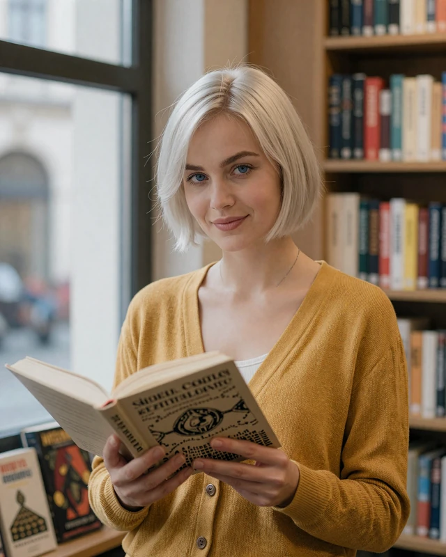 Karolína from Brno in mustard cardigan reading an annotated novel in a bookshop