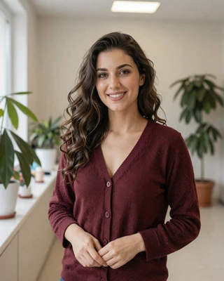 Mirela, a 27-year-old Romanian nurse from Cluj in burgundy cardigan in a clinic lobby