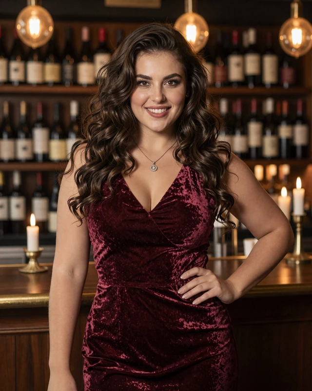 Alina from Bucharest in burgundy velvet dress at a candlelit wine bar