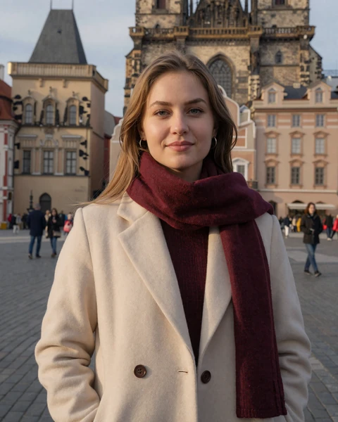 Tereza from Prague in cream wool coat and burgundy scarf in old town square
