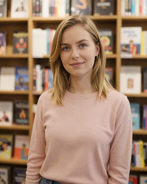Magdalena from Kraków in blush pink sweater in a cozy bookstore