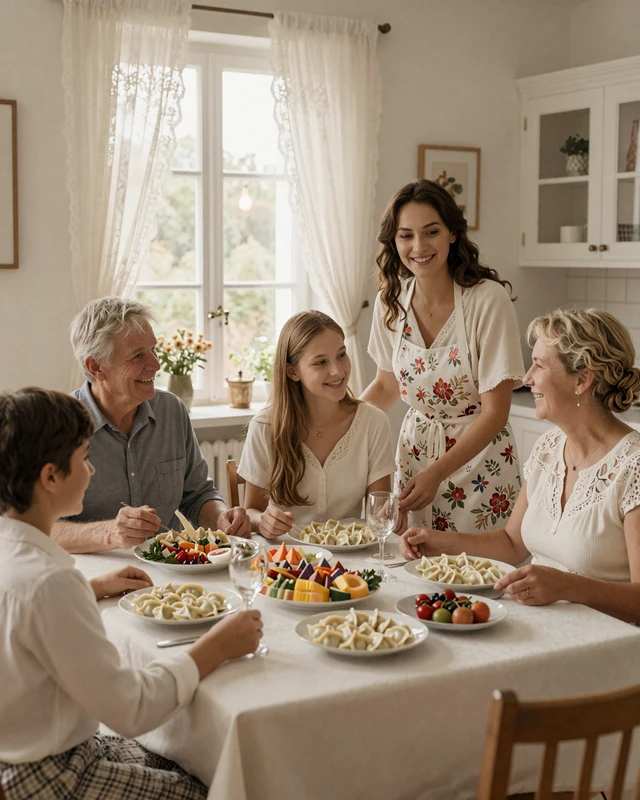 Three generations of Polish family sharing pierogi at Sunday dinner showing Slavic family values
