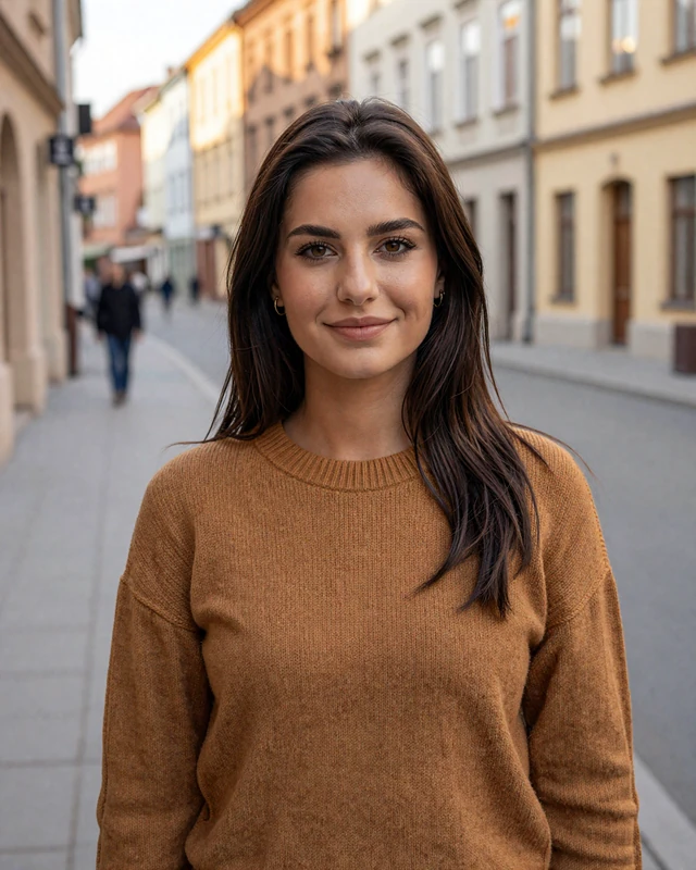 Ioana from Bucharest in amber knit sweater on a sunlit old town street