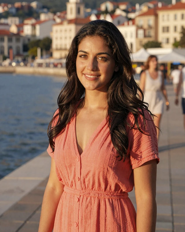 Cristina from Constanța in coral linen dress on the Black Sea promenade