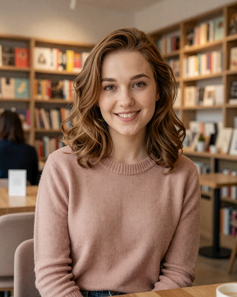 Sofiya from Warsaw in a bookshop cafe
