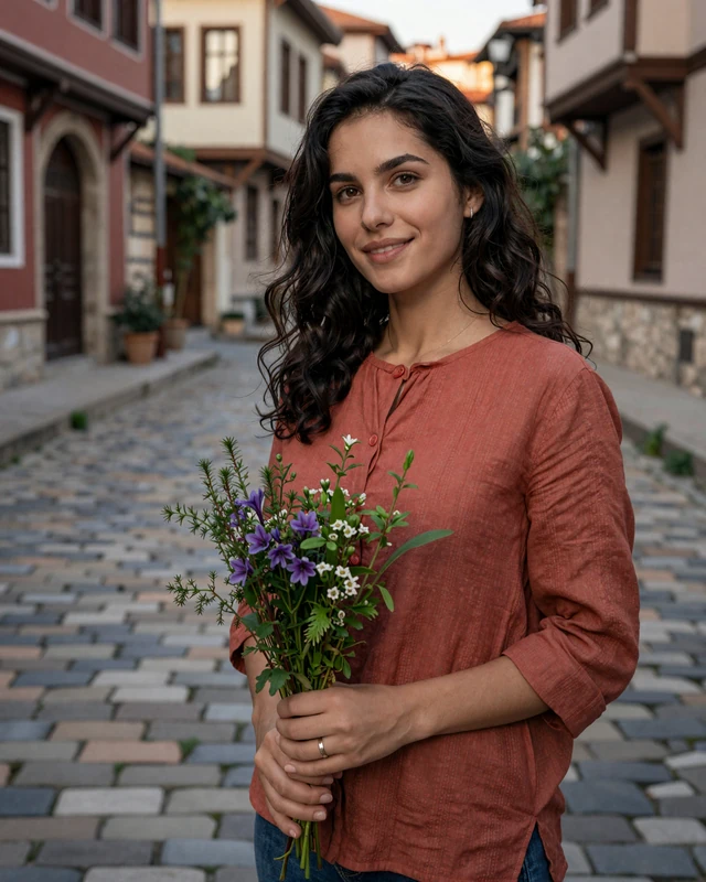 Zdravka from Plovdiv in terracotta blouse holding herbs on an old cobblestone street