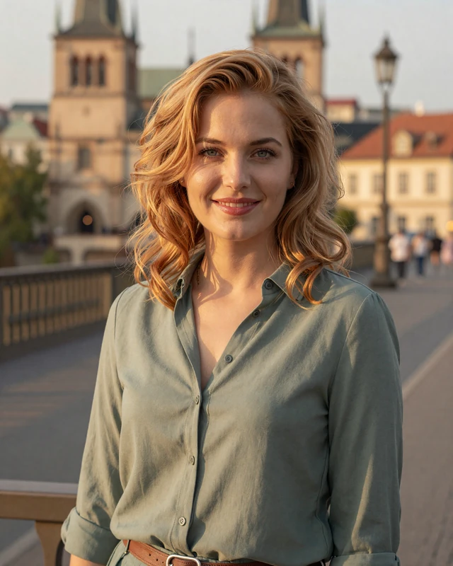 Tereza from Prague in sage green blouse on a bridge at golden hour