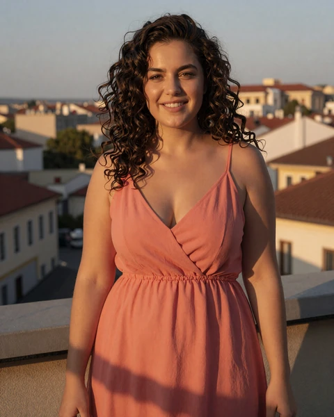 Mariya from Sofia in coral sundress at sunset rooftop