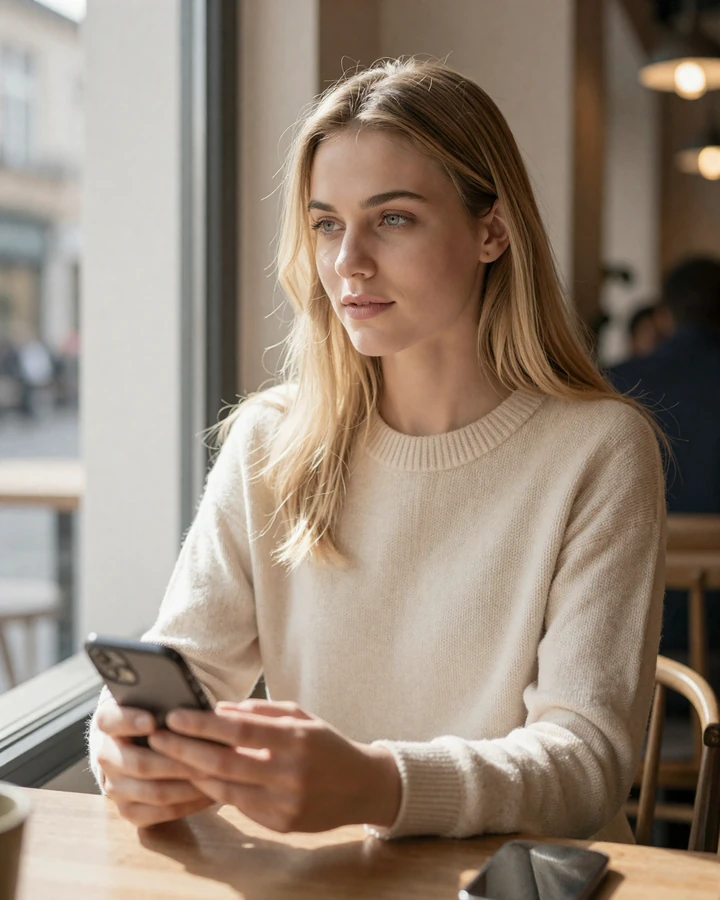 Slavic woman reviewing online dating safety tips on her phone at a cafe window