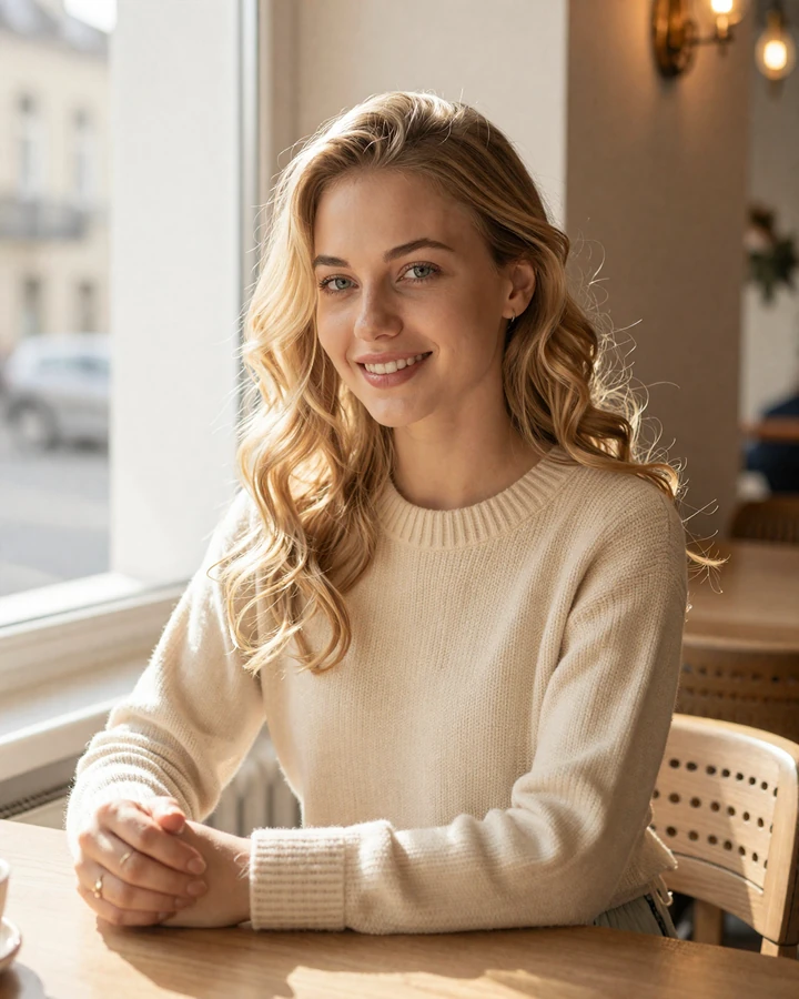 Smiling Ukrainian woman in cream sweater illustrating Slavic women dating on Datingrusgirl