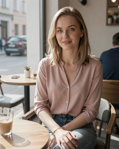 Alicja from Wrocław in dusty rose blouse sitting near cafe window