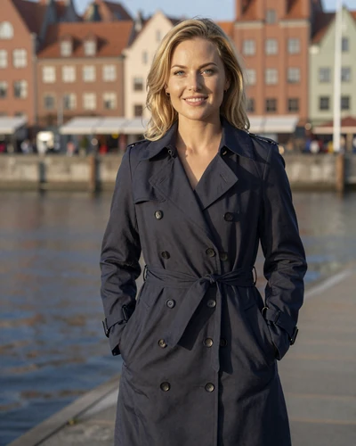 Agnieszka 29 from Gdansk Poland in navy trench coat on the waterfront