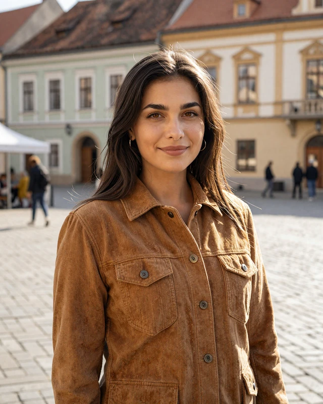 Ioana from Cluj in caramel corduroy jacket in a sunlit old town square