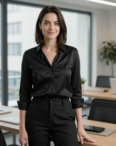 Markéta from Olomouc in black silk blouse in a bright modern office