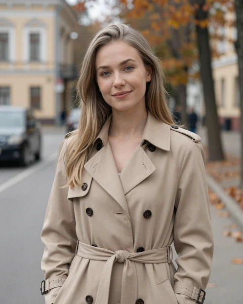 Anastasia from Kyiv smiling in beige trench coat
