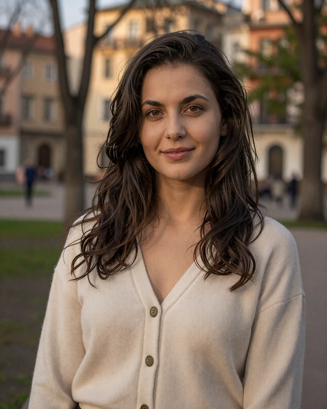 Veselina from Sofia in cream cardigan in a park at sunset