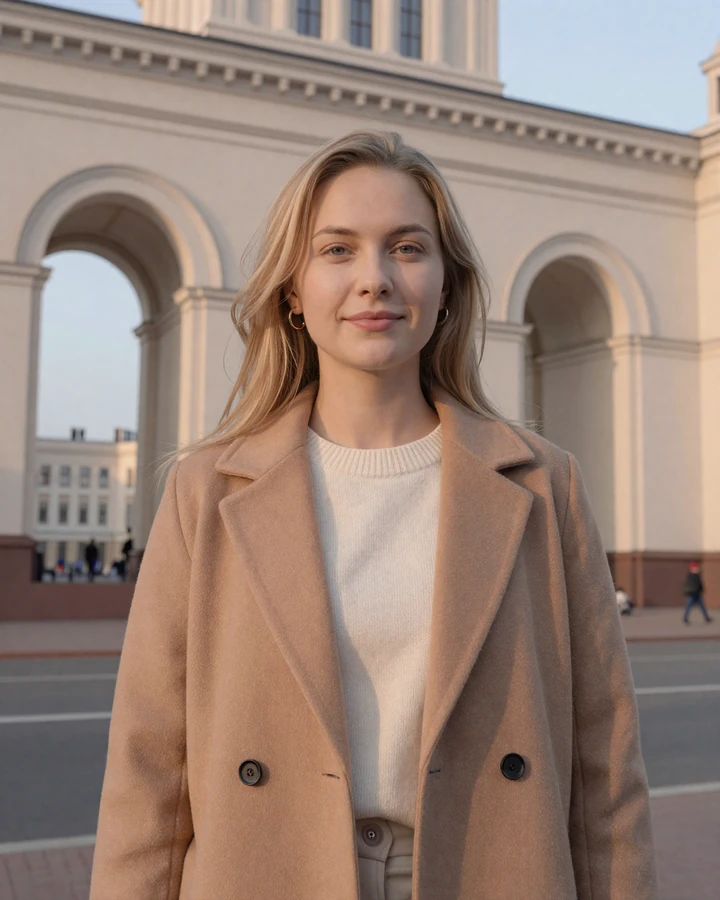 Alesya, a smiling Belarusian woman in ivory cashmere and camel coat on Independence Avenue in Minsk representing Belarusian women dating on Datingrusgirl