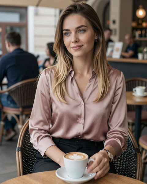 Olena in dusty rose silk blouse seated at a Warsaw cafe table with cappuccino in soft afternoon light