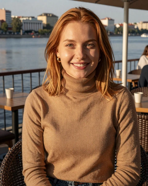Svetlana from Nizhny Novgorod in camel turtleneck at riverside cafe