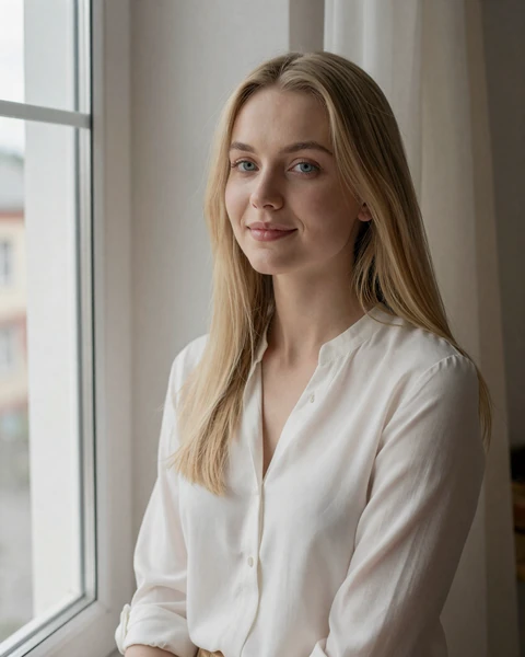 Viktoria from Minsk in white blouse by window