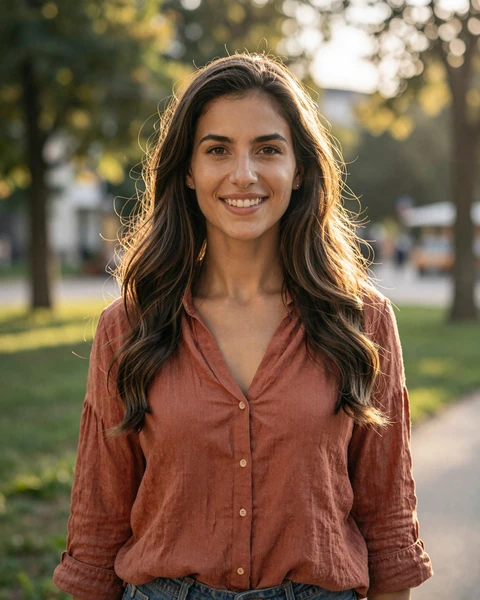 Ioana from Bucharest in terracotta blouse at park