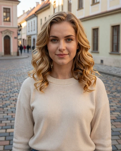 Zuzana from Bratislava in cream wool sweater on a cobblestone old town street