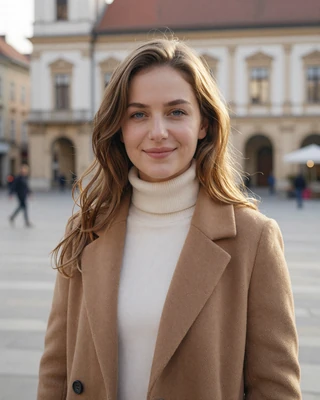 Dora from Pecs in ivory turtleneck and caramel coat in a historic square